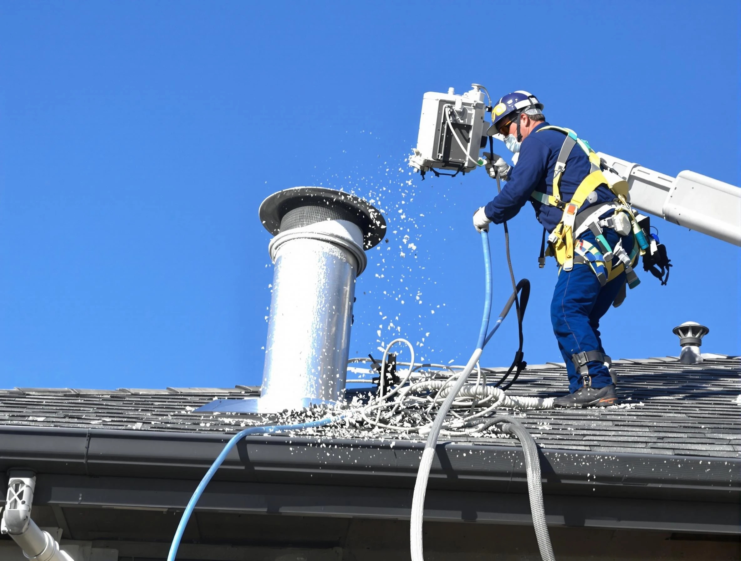 Lexington Dryer Vent Cleaning certified technician safely cleaning a roof-mounted dryer vent in Lexington